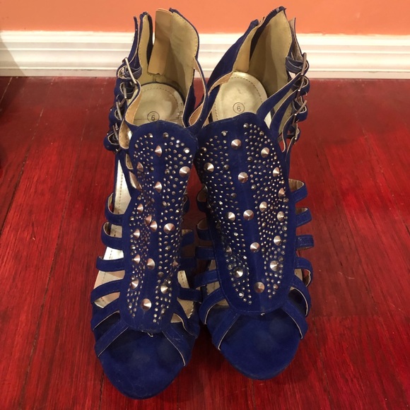 Shoes - *Royal Blue Wedged Studded Open Toe Strap Shoes